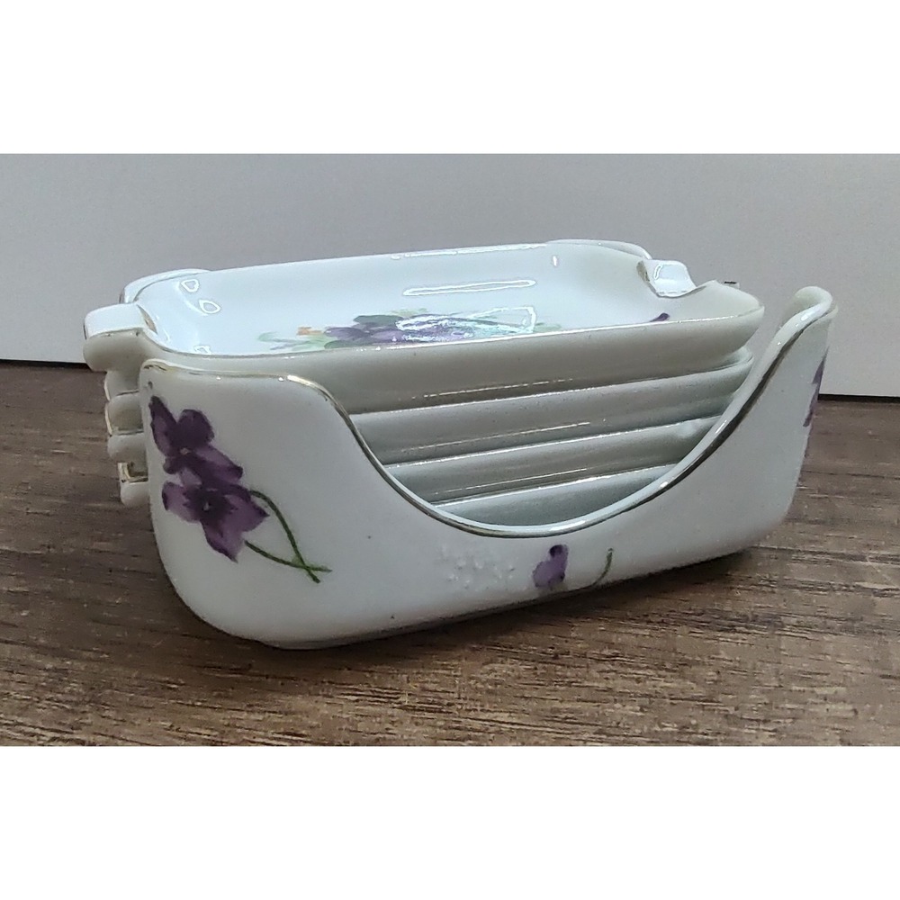 Norcrest Sweet Violets 5pc Stacking AshtraySet Holder Gold Trim Vintage
